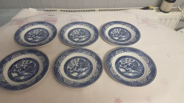 English Ironstone Old Willow - 6x 17.5cm Tea Side Plates - Vintage Blue & White