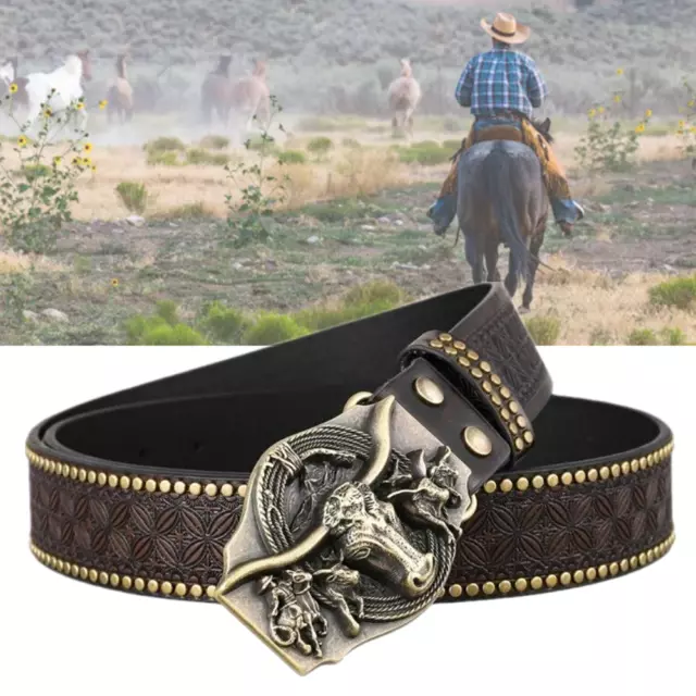 Mens Western Cowboy Buckle Belt Longhorn Bull Pattern Leather Waist Belt AU