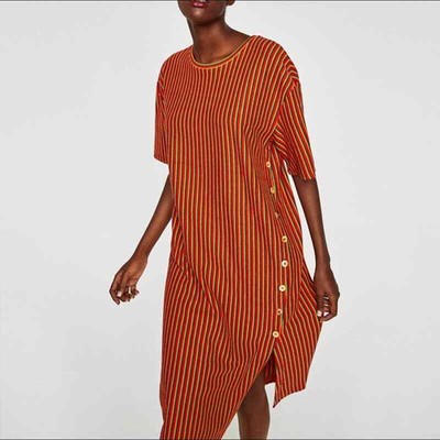 Zara Striped Cotton T-Shirt Midi Dress with Wooden Buttons Size L