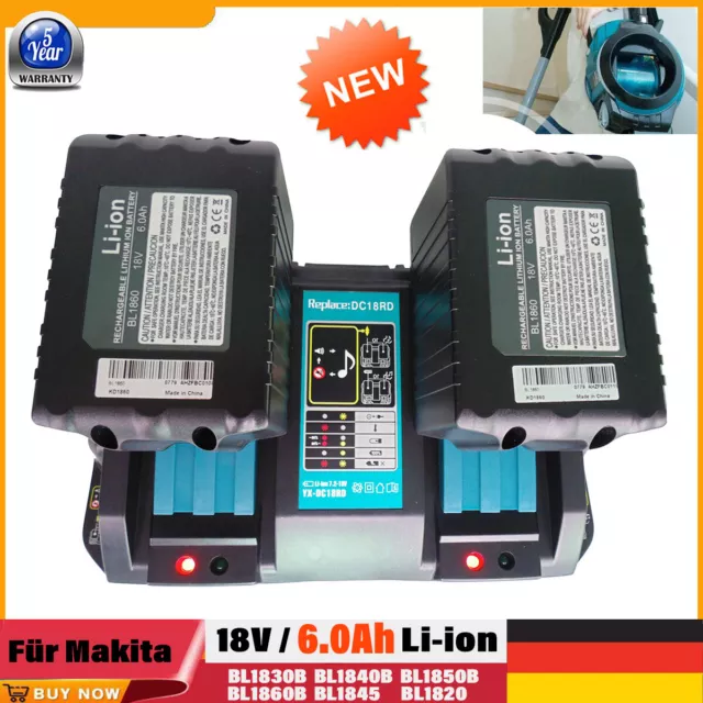 2x für Makita Akku 18V 6.0Ah BL1860B BL1840 BL1850 LXT & Doppel Ladegerät DC18RD