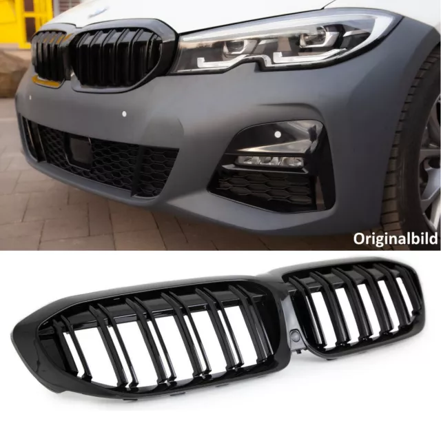 Set Doppelsteg Kühlergrill passt für den BMW 3er G20 G21 Schwarz Glanz Sport + M