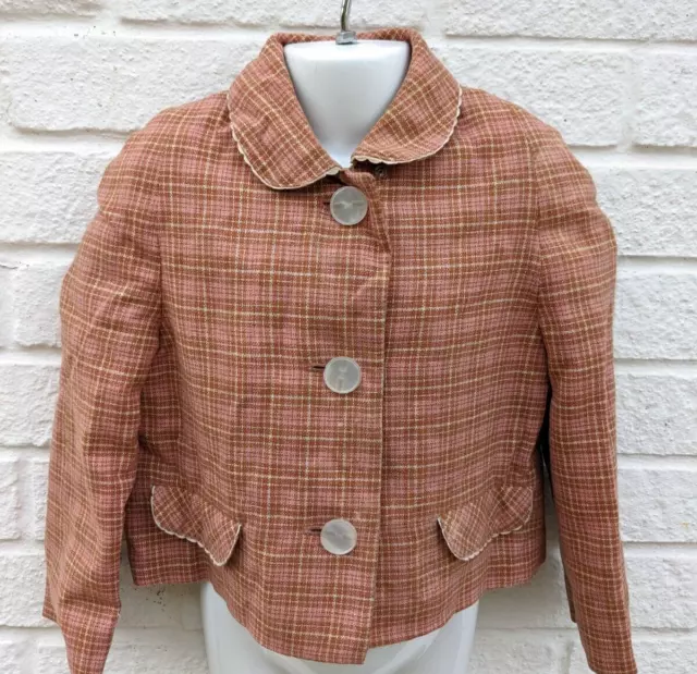 Giacca vintage anni '60 da ragazza, tartan rosa e marrone, 7 anni