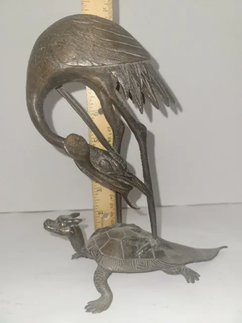 19th Century Japanese Brass Crane w/Lotus Flower in Its Mouth & Turttle 9" tall