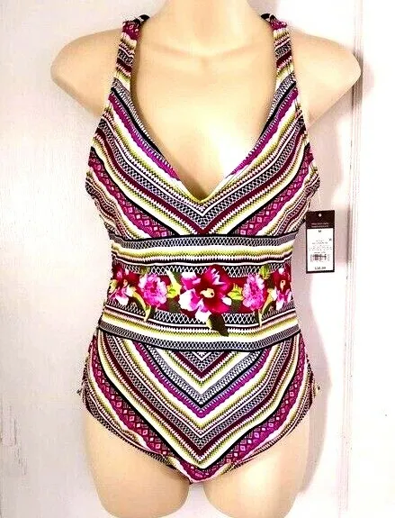 Mossimo Womens Swimsuit Size Medium One Piece Floral V Neck Strappy Back New