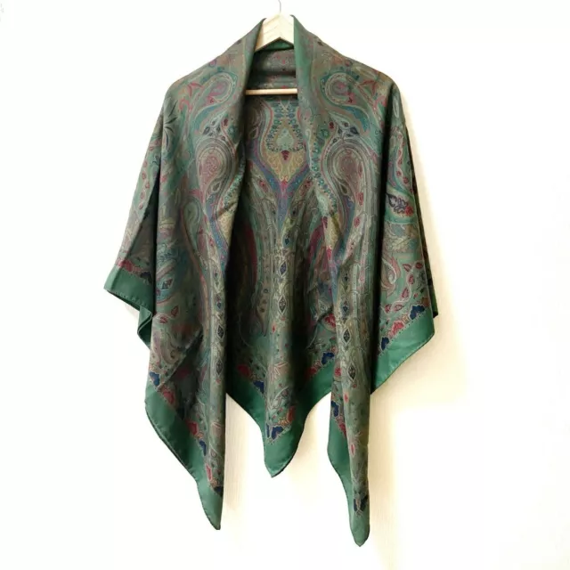 ETRO large scarf shawl 136cm 53″ square wool silk Paisley green