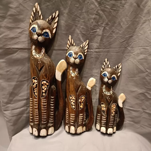 Three Wooden Cats Hand Carved Solid Wood Fair Trade Standing Painted Cats