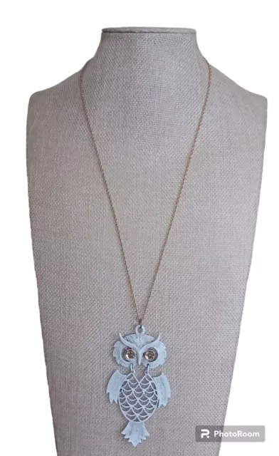 Vintage Large White Painted Enameled Metal Owl Pendant Necklace Goldtone Chain