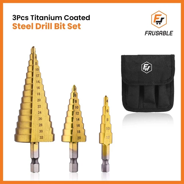 3Pcs Drill Bit Set Titanium Nitride Coated Steel Step Quick Change 1/4 Shank HSS