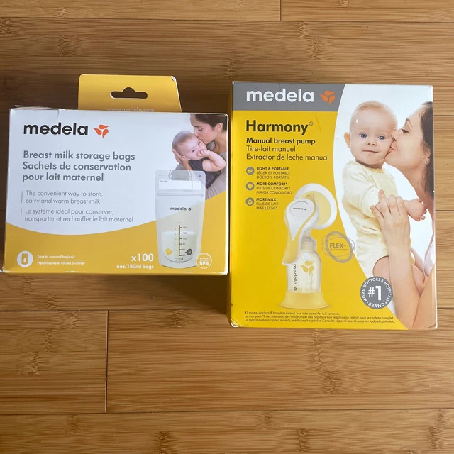 medela harmony manual breast pump w/personal-fit flex + 100pc milk storage bags