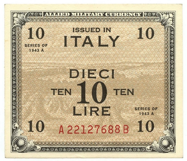10 LIRE OCCUPAZIONE AMERICANA IN ITALIA BILINGUE FLC A-B 1943 A qFDS