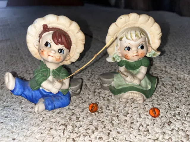 Vintage 1960's LEGO Boy and Girl Fishing Porcelain Figurines - Made in Japan