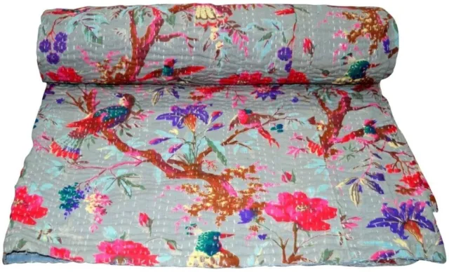 Bird PrintedCotton Handmade Kantha Bedspread Indian Quilt Throw Blanket All Size