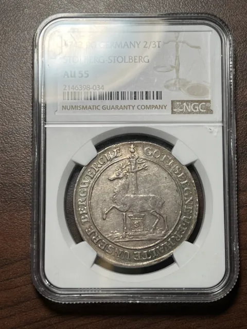 1742 Germany 2/3 Thaler From Strohlberg-Strohlberg NGC AU55 With Blue Toning