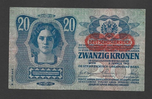 20 KRONEN VERY FINE  CRISP OVERPRINTED BANKNOTE FROM AUSTRIA 1919  PICK-53a