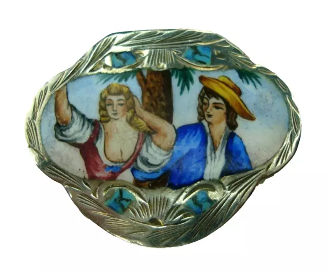 Vintage Italian 800 Silver Repousse & Enamel Scene Of A Couple Snuff Pill Box