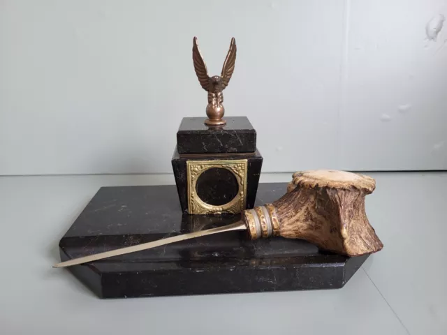 Antike Schreibtischgarnitur - Adler -Messer - Horn - Messing- Marmor