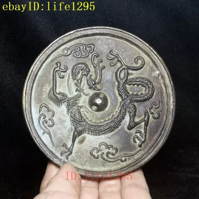 Old Chinese Bronze Carving Dragon Ancient People Prink Toilette Mirror Collected