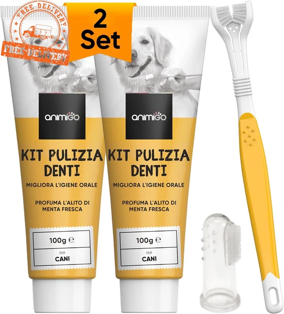 Spazzolino per Cani a 3 Teste + Spazzolino Dito + 2 Dentifricio per Cane Tartaro