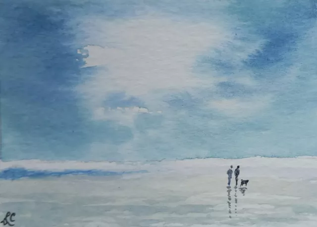 ACEO Original Watercolour Painting. A Quiet Morning Walk On The Beach. Dog. Sea.