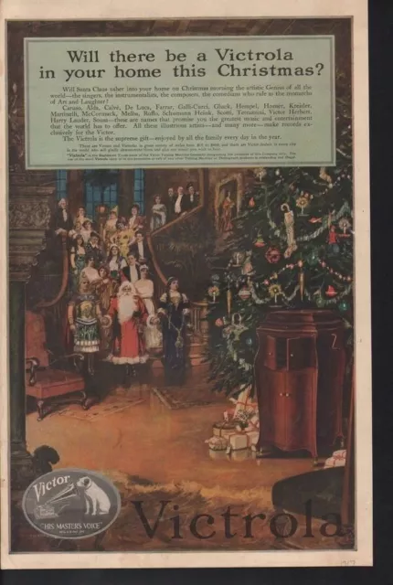 1917 Victor Victrola Christmas Phonograph Opera Santa Music Holiday Ad 14632