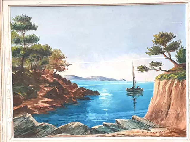 Tableau ancien signé.  Paysage marin animé. Peinture huile sur toile. XX °.