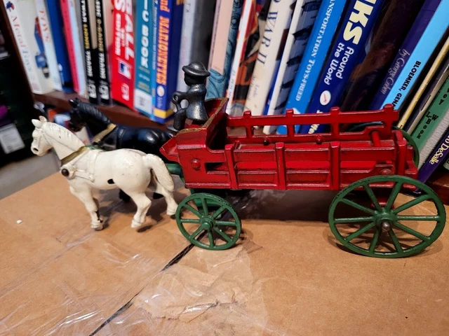 VERY NICE SMALL  VINTAGE KENTON CAST IRON STAKE WAGON with TWO HORSES & DRIVER