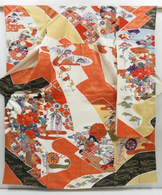 2415T08z1140  Japanese Kimono Silk FURISODE Peony Off-white