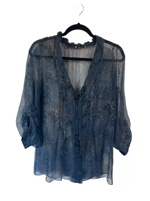 Elie Tahari Womens Size XS 100% Silk Blouse Sheer Roll Tab Sleeve Blue Ruffle