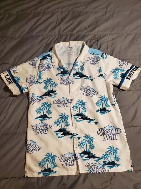 Hawaiian Key Stone Lime Beer Print Men's Small, Short Sleeve Button Down.