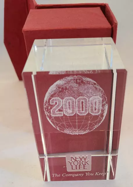 New York Life Globe World Crystal Cube Etched Laser Engraved 3D Paperweight Rare