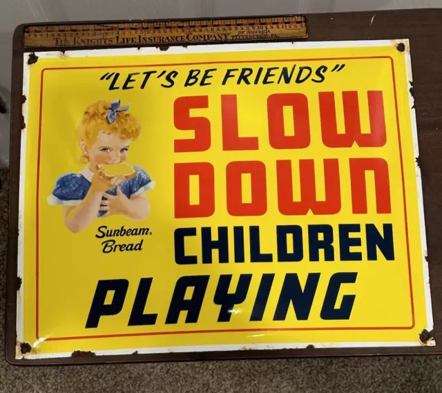 Sunbeam Bread Porcelain Slow Down Children Playing Lets Be Friends Sign