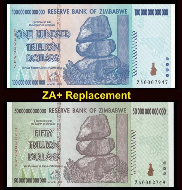 2er Set Simbabwe 100 und 50 Billionen Dollar Banknoten selten ZA + Ersatz UNC