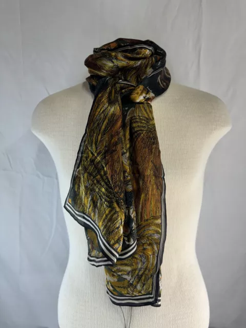 Vince Camuto Olive Peacock Forest Women's  100% Silk Scarf Oblong 18”x72”