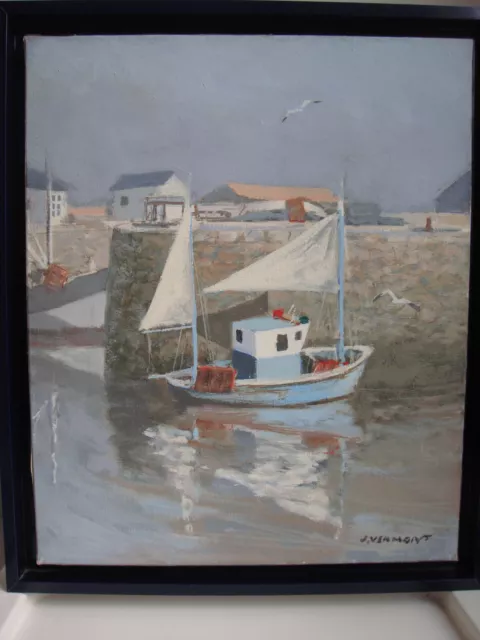 Tableau Peinture Marine Huile Bateau J Vermont Voilier Chalutier Port Honfleur