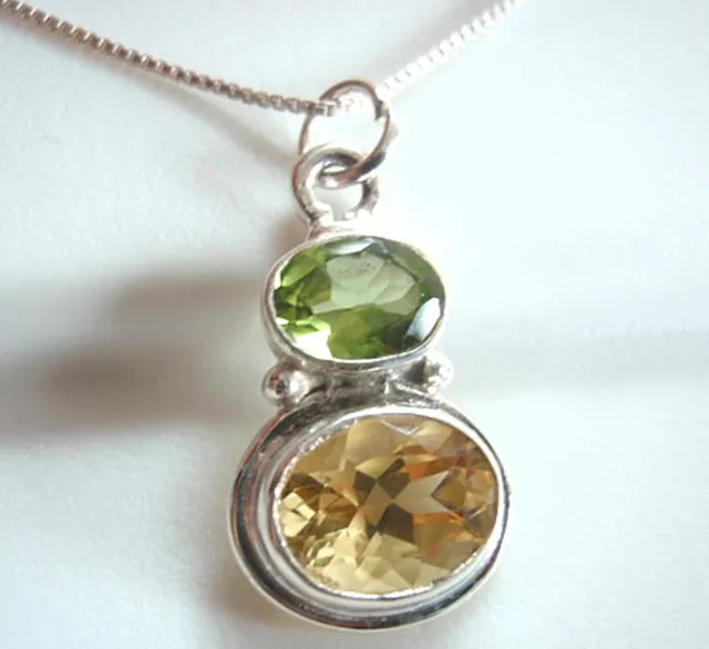 Faceted Peridot and Citrine Double Gem 925 Sterling Silver Pendant