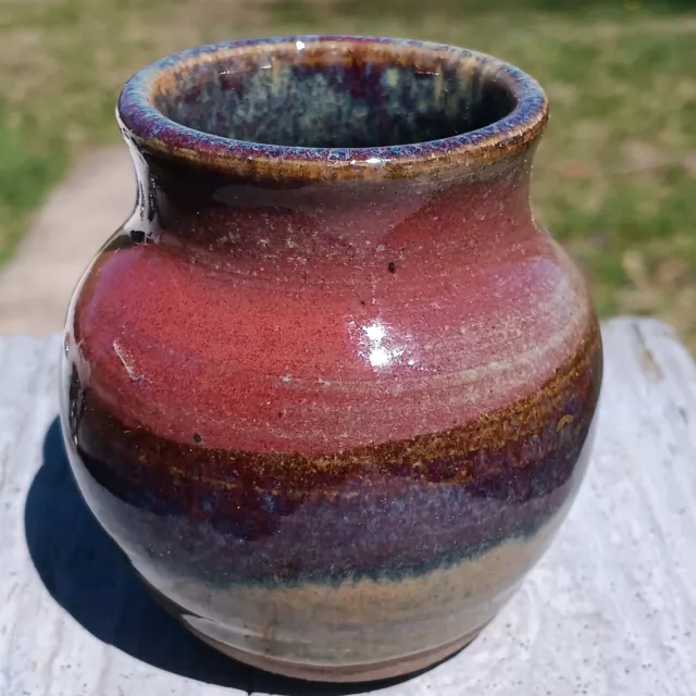 Vtg Studio Art Pottery Drip Glaze Mini Vase Signed 3" Blue Red Purple Handthrown