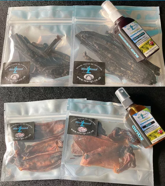 Preserved Sea Fishing Bait  Black Lugworm +Dirty Squid + Natural Hydration Spray