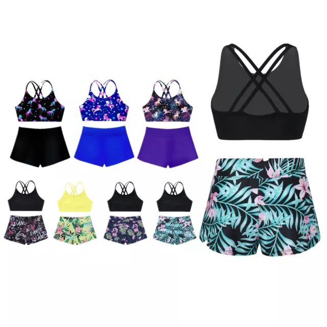 2Pcs Kids Girl Sport Suit Cropped Top+Shorts Set Gym Workout Yoga Sports Outfit