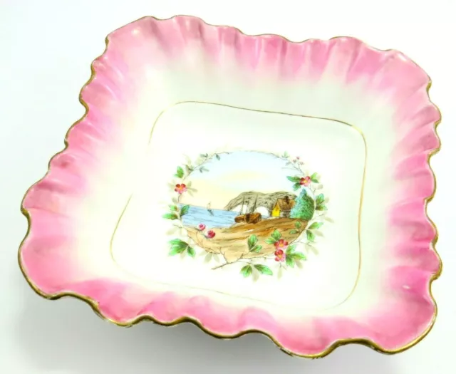 Hand Painted Numbered Square Porcelain Bowl, Ruffled Edges, Island/Ocean Scene