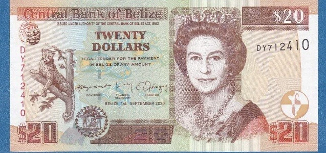 Belize 20 Dollars QEII 2020 year Uncirculated. Twenty dollars Bill Note BZD. UNC