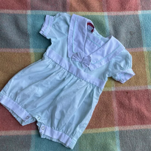 Vintage New York Kids Romper Baby Size 12m Mint Teal Green Sailor Collared Bow