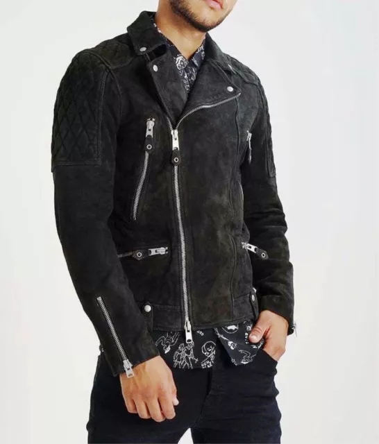 Men Black Suede Leather Jacket For Men Real Lambskin Leather Jacket Biker Short