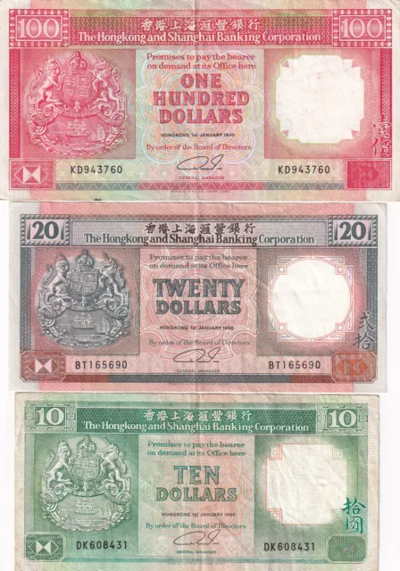 Lot 3 banknotes Hong Kong Dollars 1990 VF