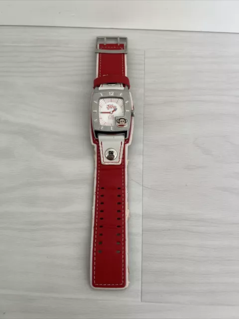 Very Rare Paul Frank Julius Monkey Red And White Silver Tone Watch