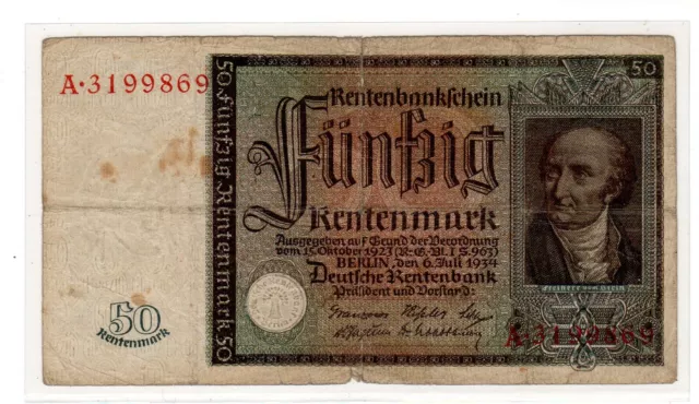 Allemagne GERMANY BILLET 50 RENTENMARK 1934 P172 SERIE N ° A.3199869