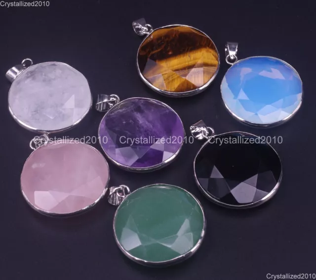 Natural Gemstones Round Double Sided Faceted Reiki Chakra Healing Pendant Beads