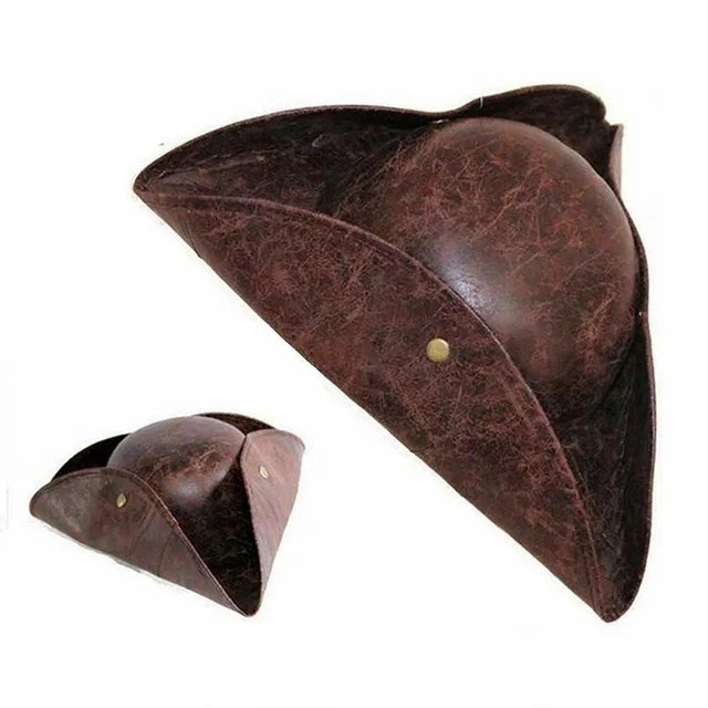 Cappello Pirata Tricorno Adulto Marrone Tri-Angolo Finta Pelle Costume Capitano Cowboy