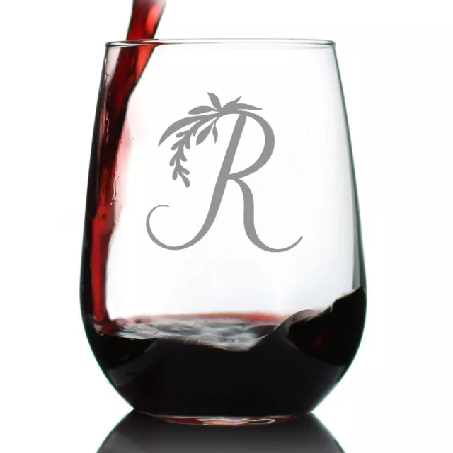 Monogram Floral Letter R - Stemless Wine Glass - Personalized Gifts for Women...