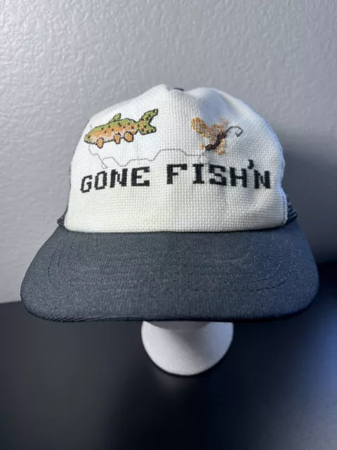 Vintage Gone Fishing Mesh Cross Stitched Snapback Trucker Hat Cap Made In USA