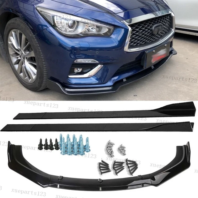 For Infiniti G37 G35 Gloss Black Front Bumper Lip Spoiler + Side Skirt Body Kit